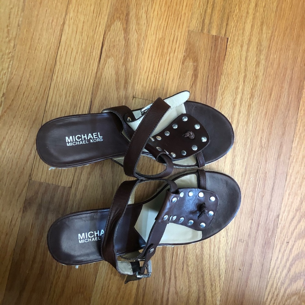 Michael Kors brown with Silver Studs Wedge Toe Ring Sandals